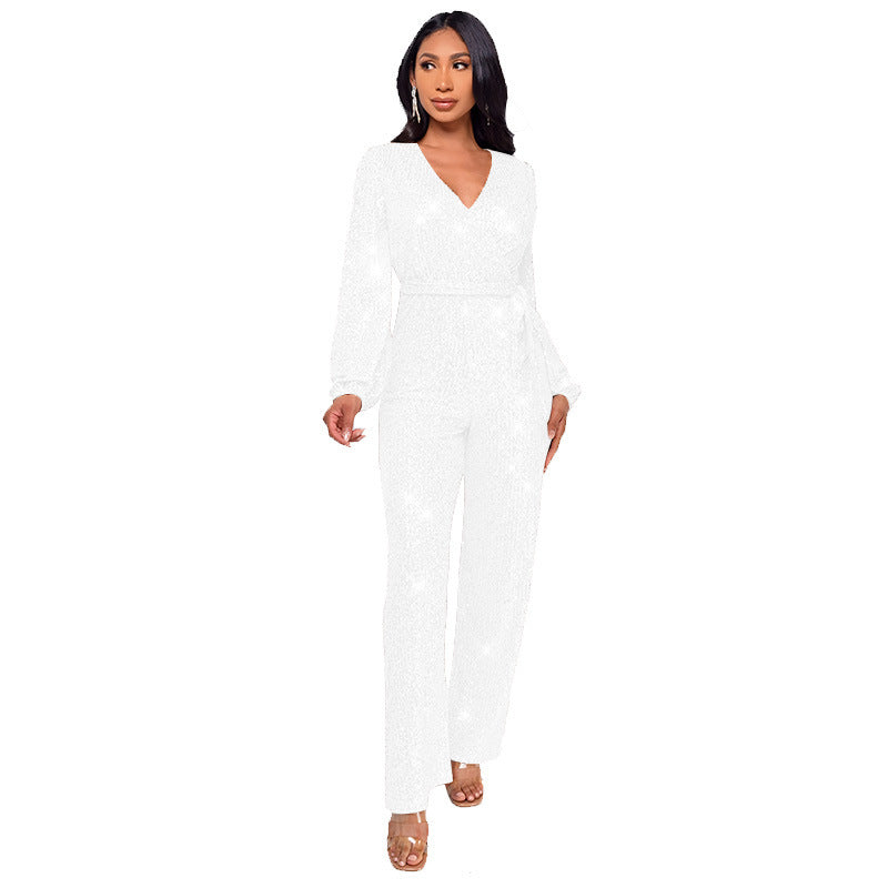 High Waist Wide Leg Sequined Belt Jumpsuit