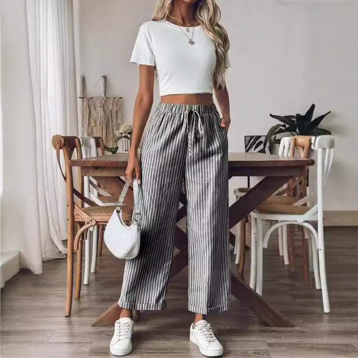 Women's Striped Casual Loose Straight Wide-leg Pants