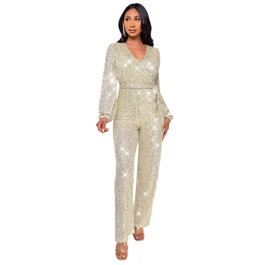 High Waist Wide Leg Sequined Belt Jumpsuit