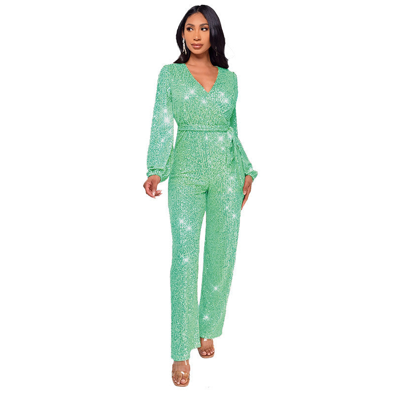 High Waist Wide Leg Sequined Belt Jumpsuit