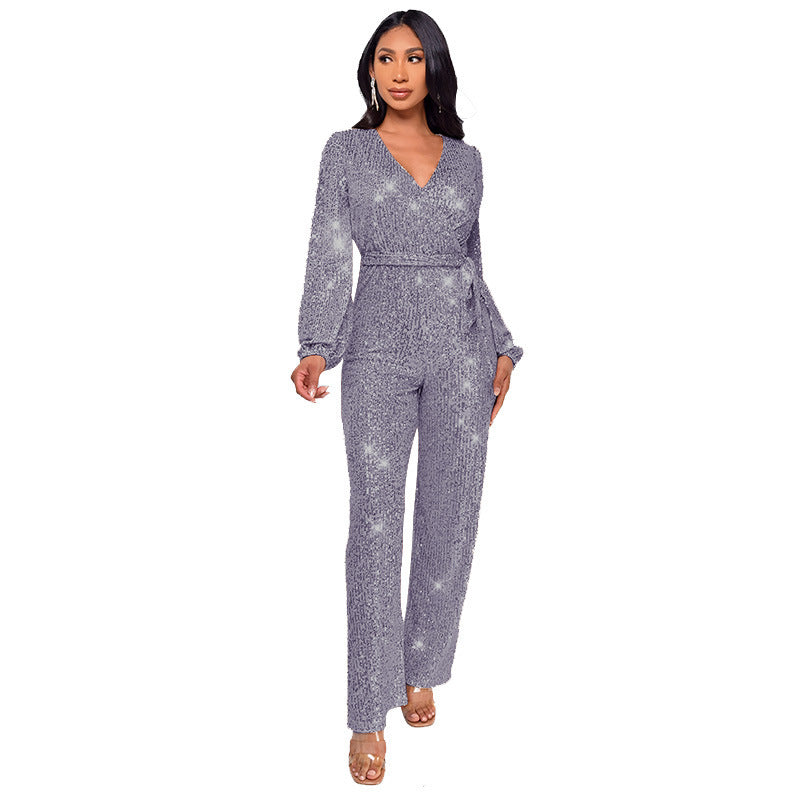 High Waist Wide Leg Sequined Belt Jumpsuit