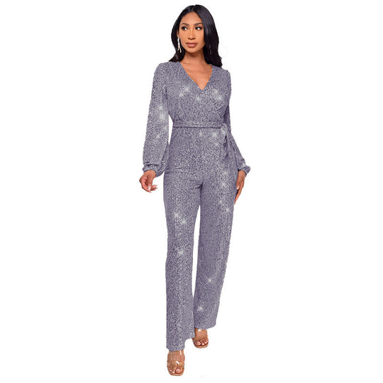High Waist Wide Leg Sequined Belt Jumpsuit