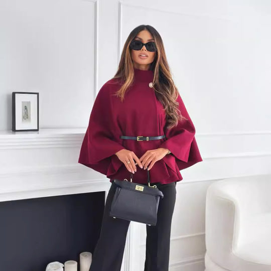 New Stand Collar Batwing Sleeves Cloak Top With Belt Ins Fashion Temperament Jacket Woolen Sweater Outwear For Women Clothing