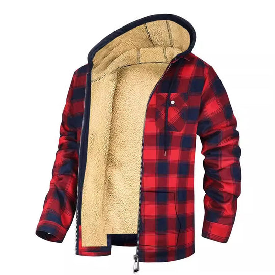 Men's Plaid Print Hooded Zip-Up Jacket Winter Thickened Cotton-padded Coat Warm Clothing