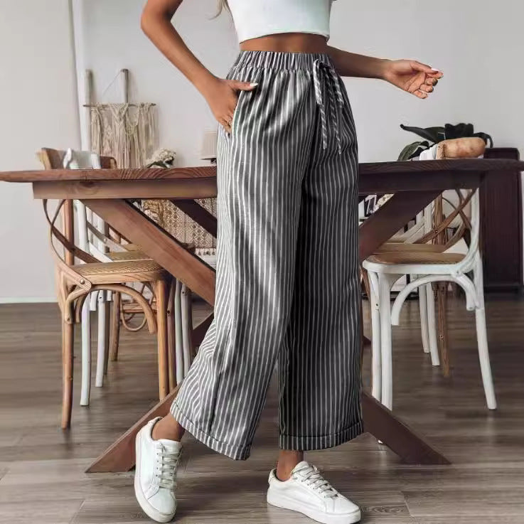 Women's Striped Casual Loose Straight Wide-leg Pants