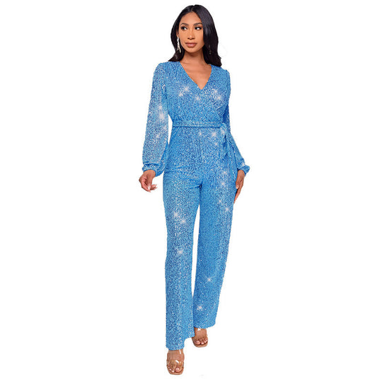High Waist Wide Leg Sequined Belt Jumpsuit