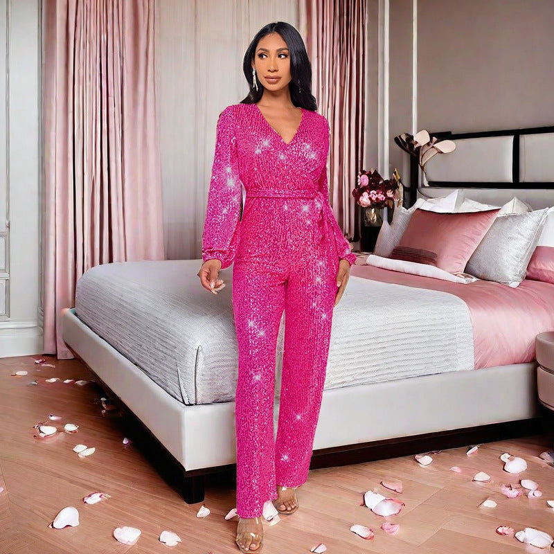 High Waist Wide Leg Sequined Belt Jumpsuit
