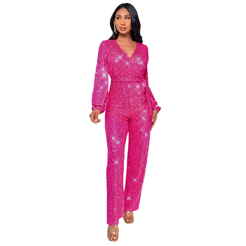 High Waist Wide Leg Sequined Belt Jumpsuit