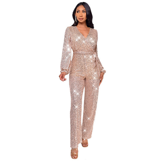 High Waist Wide Leg Sequined Belt Jumpsuit