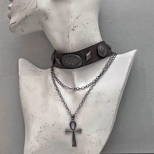 Brown Leather Retro Double Layer Cross Roman Rivet Punk All-match Necklace