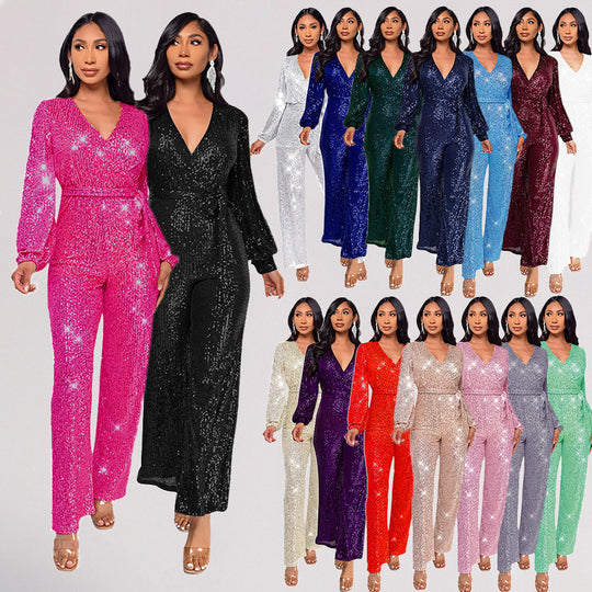 High Waist Wide Leg Sequined Belt Jumpsuit
