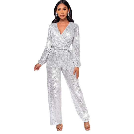 High Waist Wide Leg Sequined Belt Jumpsuit