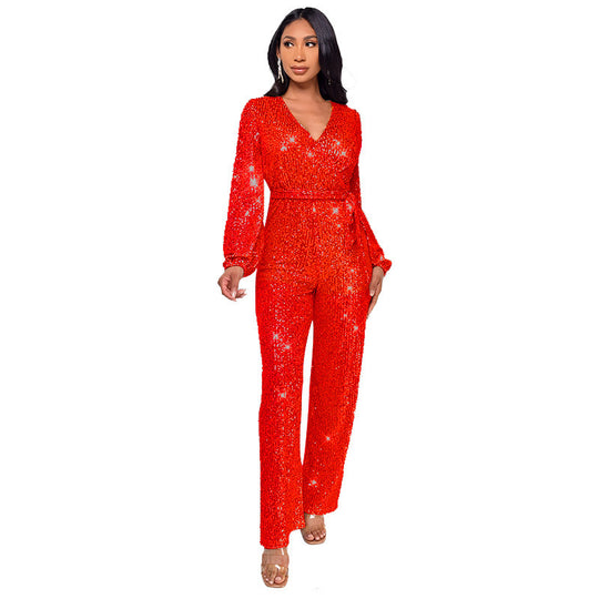 High Waist Wide Leg Sequined Belt Jumpsuit