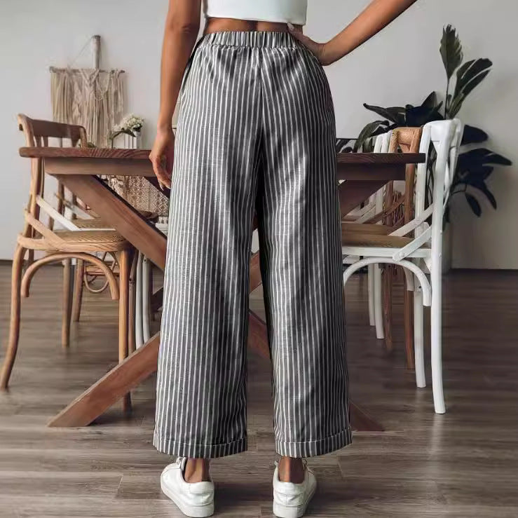 Women's Striped Casual Loose Straight Wide-leg Pants