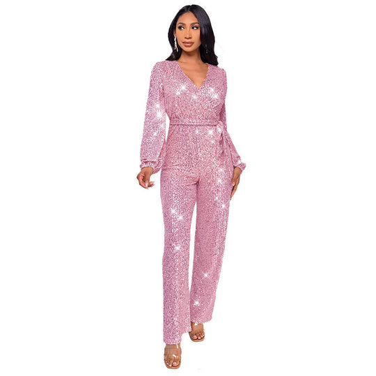 High Waist Wide Leg Sequined Belt Jumpsuit